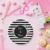 Mr.とミセス・ブラック&ホワイトのストライプの花のクラシック ペーパープレート (パーティー)