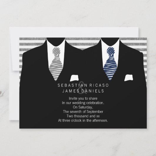 Mr.とMr.スーツとタイ（グレー/ブルー）ゲイ結婚 招待状 (正面)