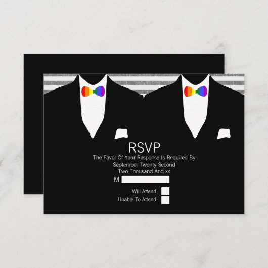 Mr.とMr.スーツレインボーネクタイゲイウェディングRSVP 出欠カード (正面/裏面)