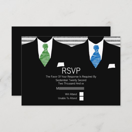 Mr.とMr.スーツ緑の青のネクタイゲイ結婚式RSVP V1 出欠カード (正面/裏面)