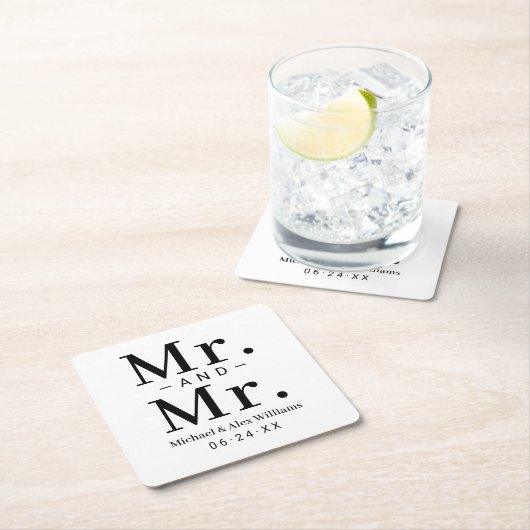 Mr.とMr.ブラックとホワイトのカスタムウェディングモノグラム スクエアペーパーコースター (インサイチュ)