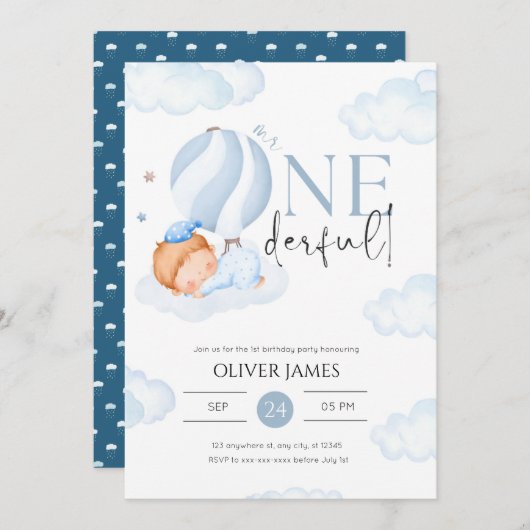 Mr.オネダーフル男の子1歳の誕生日 招待状 (正面/裏面)