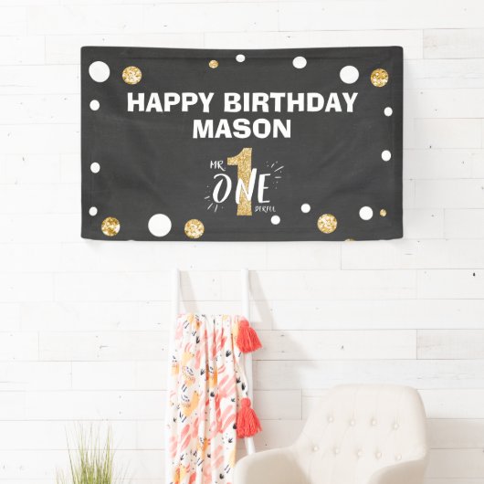 Mr.オネダーフル誕生日バナーボーイブラック金ゴールド 横断幕 (インサイチュ)