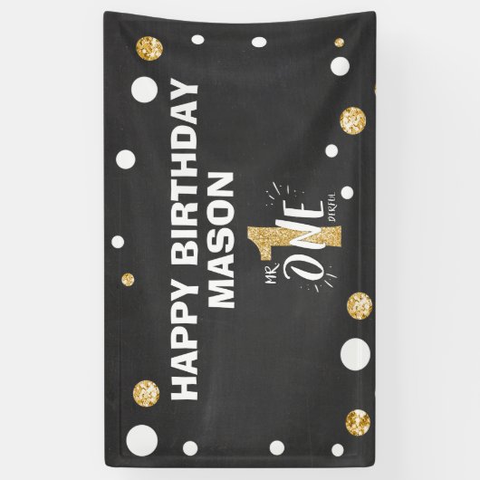 Mr.オネダーフル誕生日バナーボーイブラック金ゴールド 横断幕 (縦)