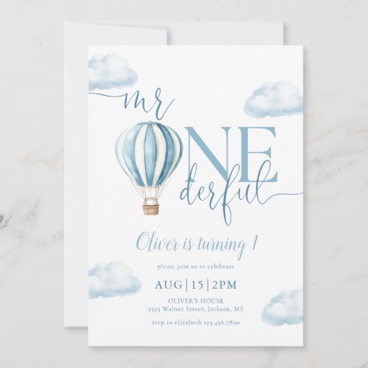 Mr.オンダーフルブルーホットエアバルーンボーイ第1誕生日 招待状 (正面)