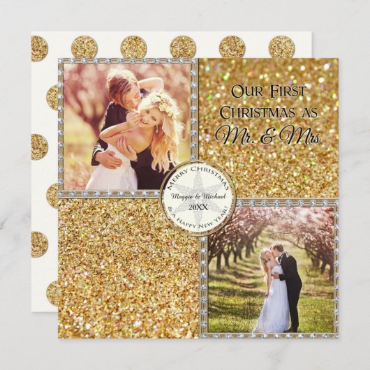 Mr.ミセス金ゴールドきらめくグリッタークリスマスフォト シーズンカード (正面/裏面)