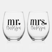 Mr.ミセス・ネームパーソナライズされた結婚 ステムなしワイングラス (正面)