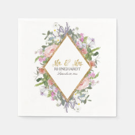 Mr.ミセス・金ゴールドフェイクグリッター・ワイルドフラワーフローラ・アート スタンダードカクテルナプキン