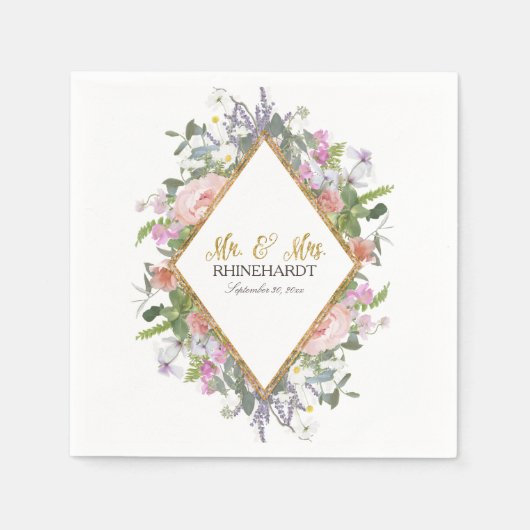 Mr.ミセス・金ゴールドフェイクグリッター・ワイルドフラワーフローラ・アート スタンダードカクテルナプキン (正面)