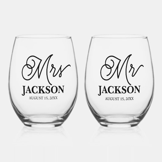 Mr and Mrs ウェディング記念品 ステムなしワイングラス (正面)
