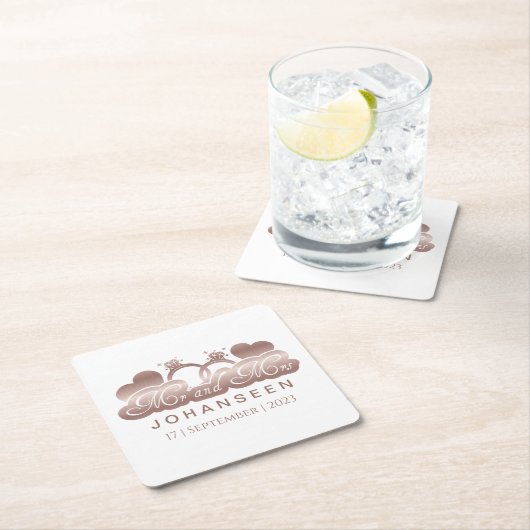 Mr.And Mrs.バラエレガント金ゴールドハート結婚式の引き出物 スクエアペーパーコースター (インサイチュ)