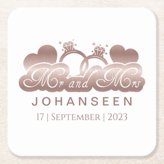 Mr.And Mrs.バラエレガント金ゴールドハート結婚式の引き出物 スクエアペーパーコースター (正面)