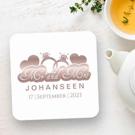 Mr.And Mrs.バラエレガント金ゴールドハート結婚式の引き出物 スクエアペーパーコースター