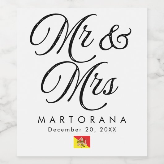 Mr and Mrs Personalized Sicilian Wedding ワインラベル (シングルラベル)