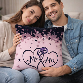 Mr and Mrs Wedding Throw Pillow with Star Backgrou クッション
