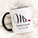 Mr Elegant Script Heart Custom Wedding Monogram マグカップ<br><div class="desc">Personalized coffee mugs for the newly married Mr and Mrs feature elegant black script and custom last name and wedding date monogram text that can be personalized. Design includes a cute red heart detail. Makes a great wedding gift! Shop our store for the coordinating mug design.</div>