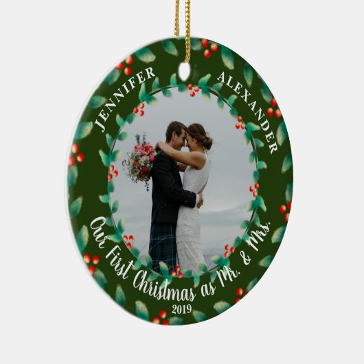 Mr.Mr.とMrs.の休日の写真としての私たちの初めてのクリスマス セラミックオーナメント (右)