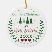 Mr.Mr.とMrs.の初めてのクリスマスの写真カスタムの作成 セラミックオーナメント (正面)