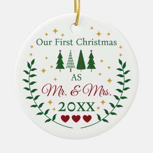 Mr.Mr.とMrs.の初めてのクリスマスの写真カスタムの作成 セラミックオーナメント (正面)