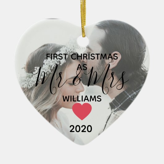 Mr&Mrsハッピーカップル写真として1年目 セラミックオーナメント (正面)