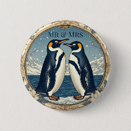 Mr&Mrsペンギンカップル 雪 冬 氷河ブルー 缶バッジ