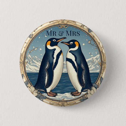 Mr&Mrsペンギンカップル 雪 冬 氷河ブルー 缶バッジ (正面)