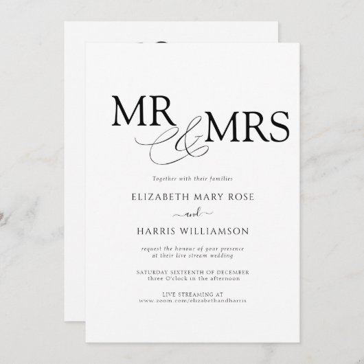 MR & MRSライブストリームモダン白黒結婚 招待状 (正面/裏面)