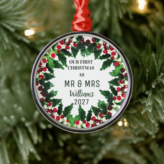 MR & MRSリースとしての初めてのクリスマス 素朴 メタルオーナメント (ツリー)