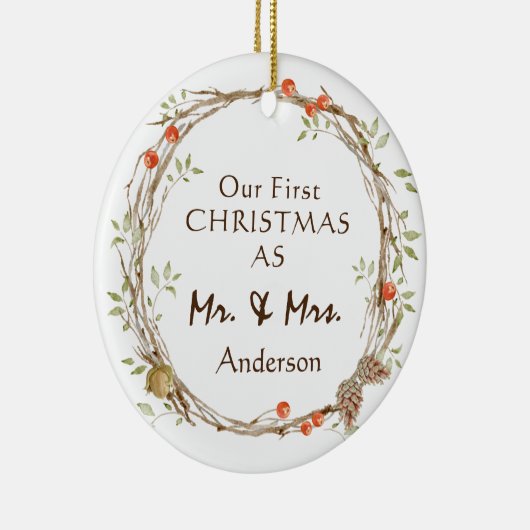 Mr&Mrs初めてのクリスマスとしてのリース セラミックオーナメント (右)