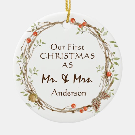 Mr&Mrs初めてのクリスマスとしてのリース セラミックオーナメント (正面)