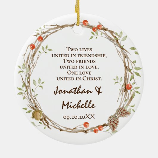 Mr&Mrs初めてのクリスマスとしてのリース セラミックオーナメント (裏面)