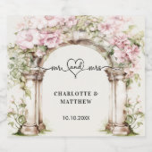 mr mrs結婚ハートスクリプトピンク花模様アーチ スパークリングワインラベル (シングルラベル)