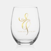 Mr.& Mrs金ゴールド書道アンパサンド結婚ズ ステムなしワイングラス (正面)