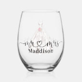 Mr❤️Mrs ウェディングドレス ピンクの花束 ステムなしワイングラス (正面)