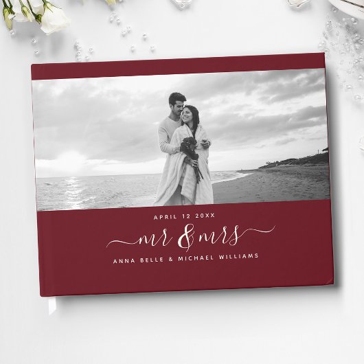Mr. & Mrs. エレガント Script Burgundy Photo結婚's ゲストブック