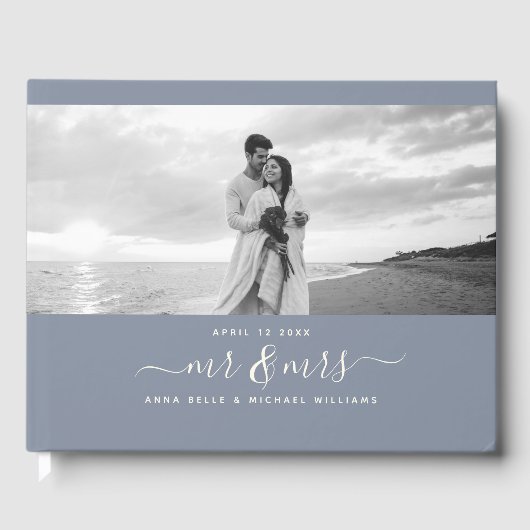 Mr. & Mrs. エレガント Script Dusty Blue Photo 結婚's ゲストブック (正面)