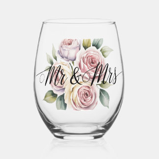 Mr & Mrs フラワースクリプト ステムなしワイングラス