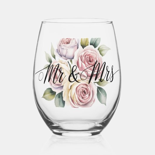 Mr & Mrs フラワースクリプト ステムなしワイングラス (正面)