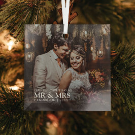 Mr & Mrs 初めてのクリスマス フォトスタイリッシュ ガラスオーナメント