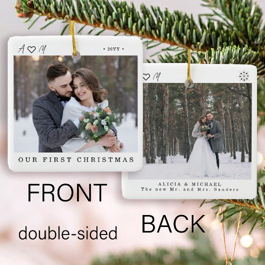 Mr. & Mrs. 初めてのクリスマス 2 枚の写真 セラミックオーナメント