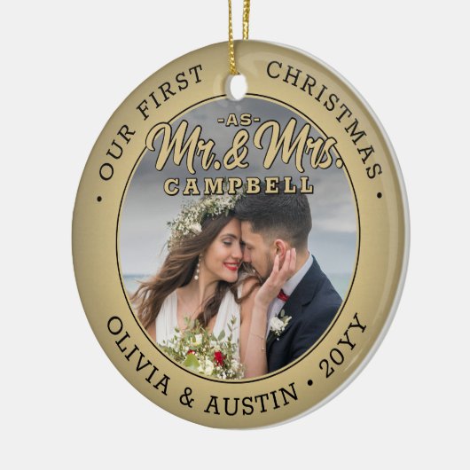 Mr. & Mrs. 2 Photo Newlyweds第1回クリスマスフェイク金ゴールド セラミックオーナメント (左)