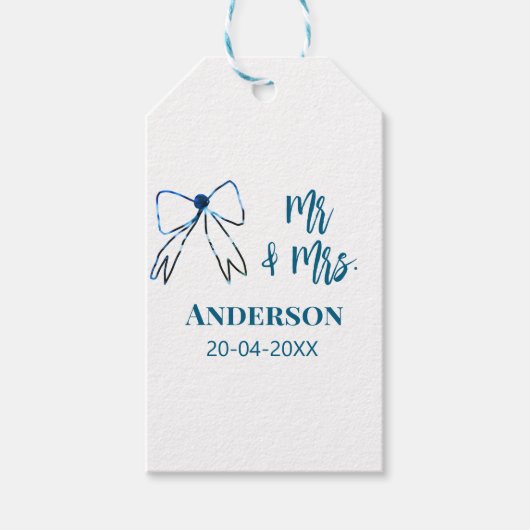 Mr. & Mrs. add name date結婚式の引き出物bow blue gree ギフトタグ (正面)