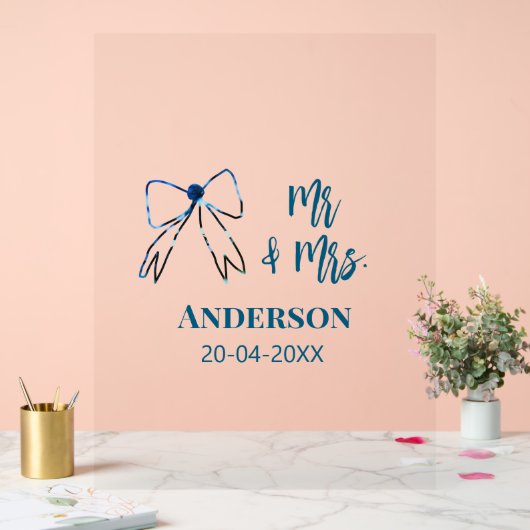 Mr & Mrs add name date wedding favor bow blue gree アクリルサイン (ウェディング)