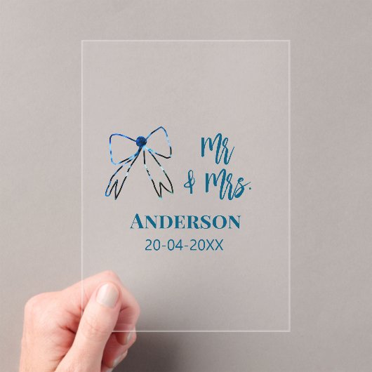 Mr & Mrs add name date wedding favor bow blue gree アクリル招待状 (インサイチュ (ポータブル))