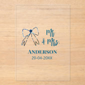 Mr & Mrs add name date wedding favor bow blue gree アクリル招待状 (正面)