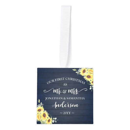 Mr.Mrs. Blue Wood Sunflowersのクリスマス1回目 キューブオーナメント (正面)