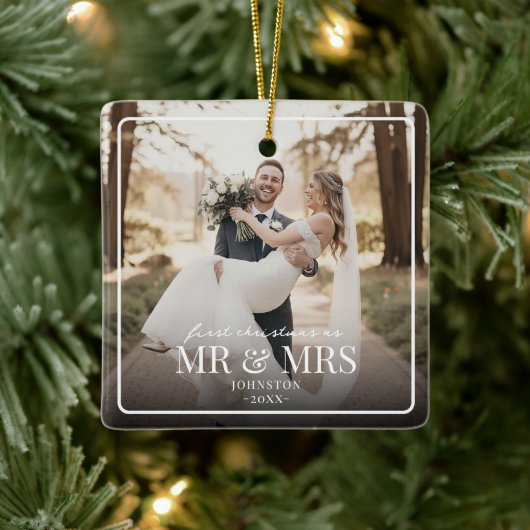 Mr & Mrs First Chirstmas Boarder Custom Photo  セラミックオーナメント (ツリー)