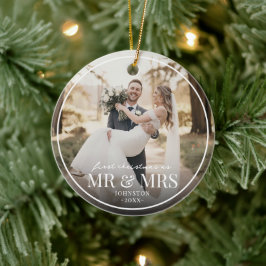 Mr & Mrs First Chirstmas Boarder Custom Photo  セラミックオーナメント