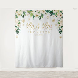 Mr & Mrs floral winter snowflakes wedding banner タペストリー