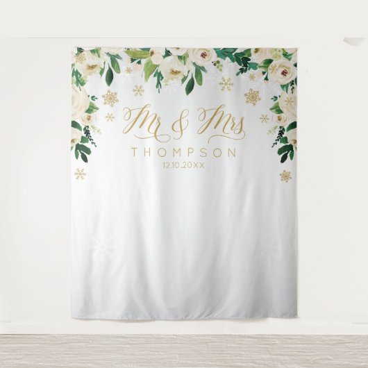Mr & Mrs floral winter snowflakes wedding banner タペストリー (正面)